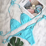 Holiday Bikini – Sexy Women's Two-Piece Swimsuit with Metal Accessories, Rhinestones & Bandage Design