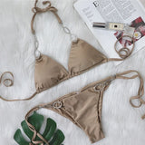 Holiday Bikini – Sexy Women's Two-Piece Swimsuit with Metal Accessories, Rhinestones & Bandage Design