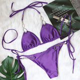 Holiday Bikini – Sexy Women's Two-Piece Swimsuit with Metal Accessories, Rhinestones & Bandage Design