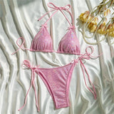 Women’s Yellow Halter Triangle Micro Bikini Set – Solid Color String Thong Swimwear