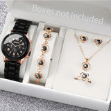 Conjunto de relógio feminino Radiant Style com pulseira de silicone e acessórios.