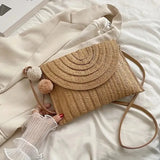 Handmade Straw Crossbody Bag – Summer Woven Shoulder Bag with Pompom