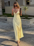 Yellow Satin Sling Dress – Backless, Sleeveless & High Waist Party Gown