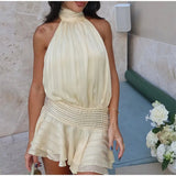 Yellow Satin Sling Dress – Backless, Sleeveless & High Waist Party Gown