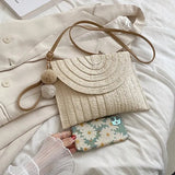 Handmade Straw Crossbody Bag – Summer Woven Shoulder Bag with Pompom