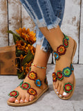 Yellow Embroidered Faux Flower Sandals – Flat Plus Size 43 Summer Beach & Travel Shoes for Women