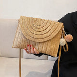 Handmade Straw Crossbody Bag – Summer Woven Shoulder Bag with Pompom