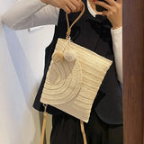 Handmade Straw Crossbody Bag – Summer Woven Shoulder Bag with Pompom