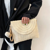 Handmade Straw Crossbody Bag – Summer Woven Shoulder Bag with Pompom