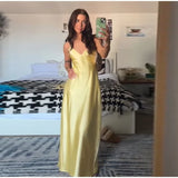 Yellow Satin Sling Dress – Backless, Sleeveless & High Waist Party Gown