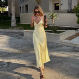 Yellow Satin Sling Dress – Backless, Sleeveless & High Waist Party Gown