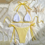 Women’s Yellow Halter Triangle Micro Bikini Set – Solid Color String Thong Swimwear