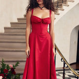 Women’s Floral Midi Party Dress – Sleeveless Lace-Up Bandeau with Corset Design & Side Slit