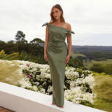Elegant off-the-shoulder satin long dress for women