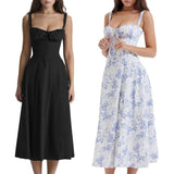 Women’s Floral Midi Party Dress – Sleeveless Lace-Up Bandeau with Corset Design & Side Slit