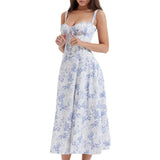 Women’s Floral Midi Party Dress – Sleeveless Lace-Up Bandeau with Corset Design & Side Slit