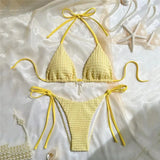 Women’s Yellow Halter Triangle Micro Bikini Set – Solid Color String Thong Swimwear