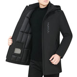 Men's Winter Long Coat - Warm Casual Zipper Windproof Hooded Jacket