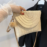 Handmade Straw Crossbody Bag – Summer Woven Shoulder Bag with Pompom