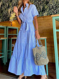 Women’s Striped Shirt Dress – Loose-Fit Summer Lace-Up Long Dress | Casual Preppy Style.