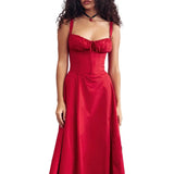 Women’s Floral Midi Party Dress – Sleeveless Lace-Up Bandeau with Corset Design & Side Slit