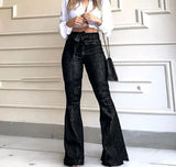 ✨ Women's High Waist Flare Jeans - Solid Color, Slim Fit, Zipper Fly, Flat Pockets & Buttons