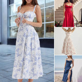 Women’s Floral Midi Party Dress – Sleeveless Lace-Up Bandeau with Corset Design & Side Slit