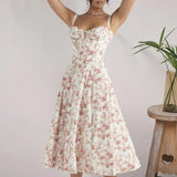 Women’s Floral Midi Party Dress – Sleeveless Lace-Up Bandeau with Corset Design & Side Slit