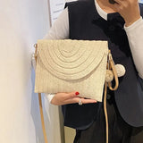 Handmade Straw Crossbody Bag – Summer Woven Shoulder Bag with Pompom