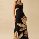Boho Chic Leaf Print Dress – Thin Back with Tie Detail