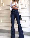 ✨ Women's High Waist Flare Jeans - Solid Color, Slim Fit, Zipper Fly, Flat Pockets & Buttons