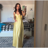 Yellow Satin Sling Dress – Backless, Sleeveless & High Waist Party Gown
