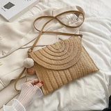 Handmade Straw Crossbody Bag – Summer Woven Shoulder Bag with Pompom