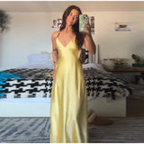 Yellow Satin Sling Dress – Backless, Sleeveless & High Waist Party Gown
