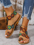 Yellow Embroidered Faux Flower Sandals – Flat Plus Size 43 Summer Beach & Travel Shoes for Women