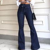 ✨ Women's High Waist Flare Jeans - Solid Color, Slim Fit, Zipper Fly, Flat Pockets & Buttons