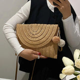 Handmade Straw Crossbody Bag – Summer Woven Shoulder Bag with Pompom