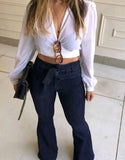 ✨ Women's High Waist Flare Jeans - Solid Color, Slim Fit, Zipper Fly, Flat Pockets & Buttons