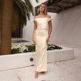 Elegant off-the-shoulder satin long dress for women