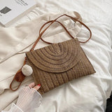 Handmade Straw Crossbody Bag – Summer Woven Shoulder Bag with Pompom