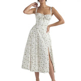 Women’s Floral Midi Party Dress – Sleeveless Lace-Up Bandeau with Corset Design & Side Slit