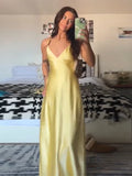 Yellow Satin Sling Dress – Backless, Sleeveless & High Waist Party Gown