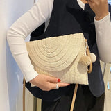 Handmade Straw Crossbody Bag – Summer Woven Shoulder Bag with Pompom