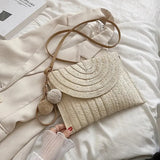 Handmade Straw Crossbody Bag – Summer Woven Shoulder Bag with Pompom