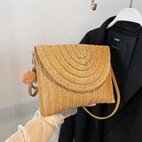 Handmade Straw Crossbody Bag – Summer Woven Shoulder Bag with Pompom