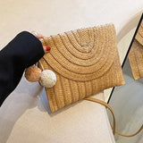 Handmade Straw Crossbody Bag – Summer Woven Shoulder Bag with Pompom
