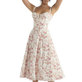 Women’s Floral Midi Party Dress – Sleeveless Lace-Up Bandeau with Corset Design & Side Slit